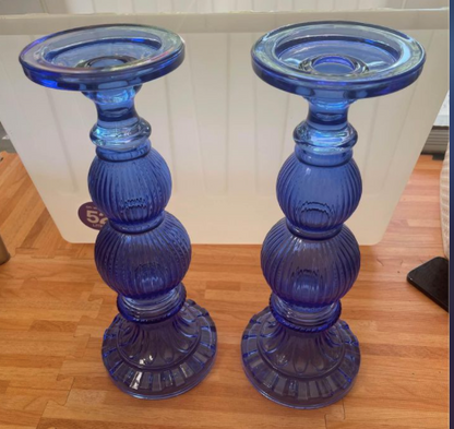 Glass candle holders blue 35cm high for the pair