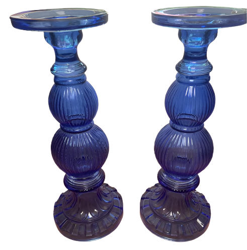 Glass candle holders blue 35cm high for the pair