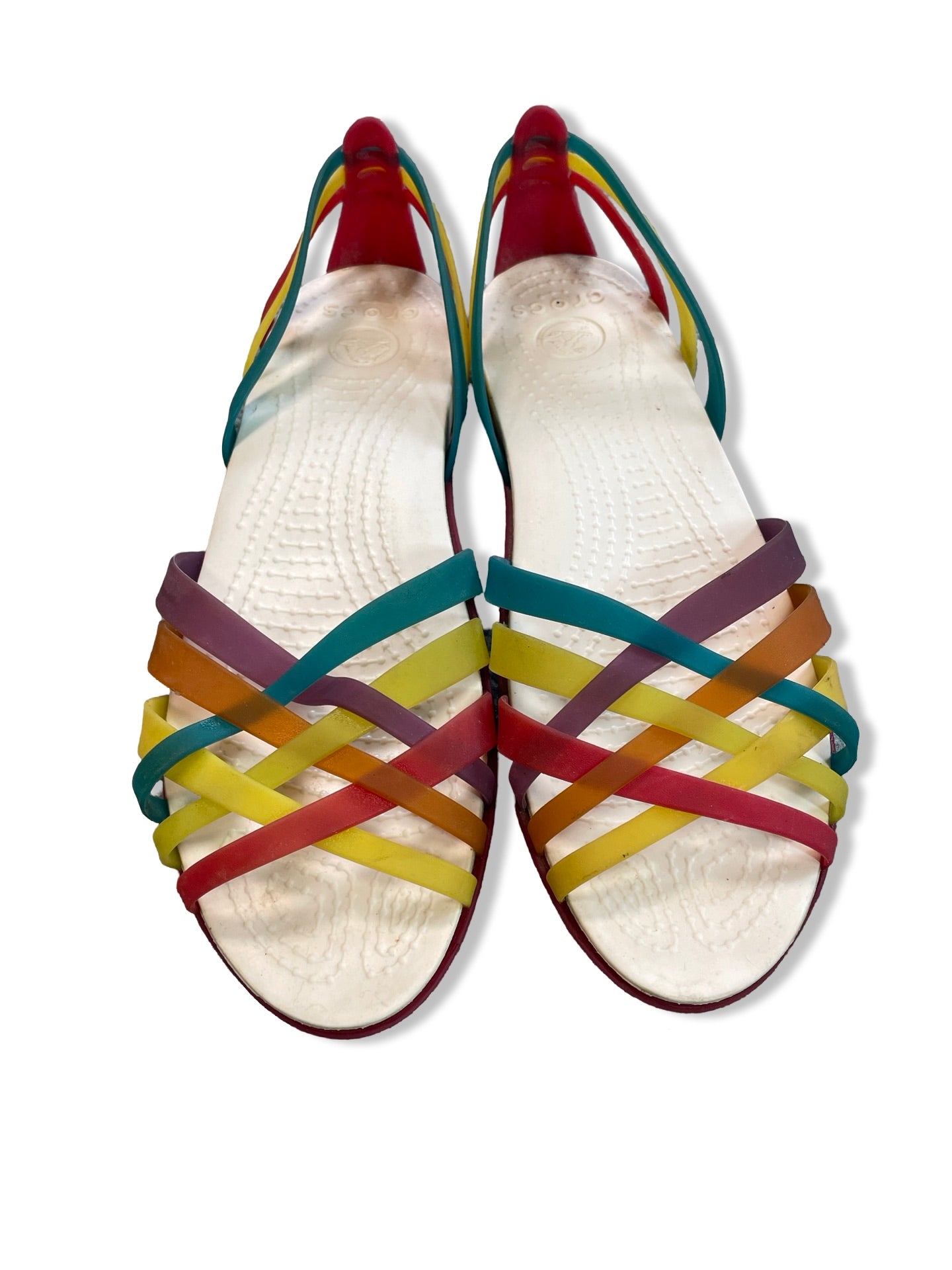 Womans Croc sandle rainbow strap size 8 - Scroll through thrift