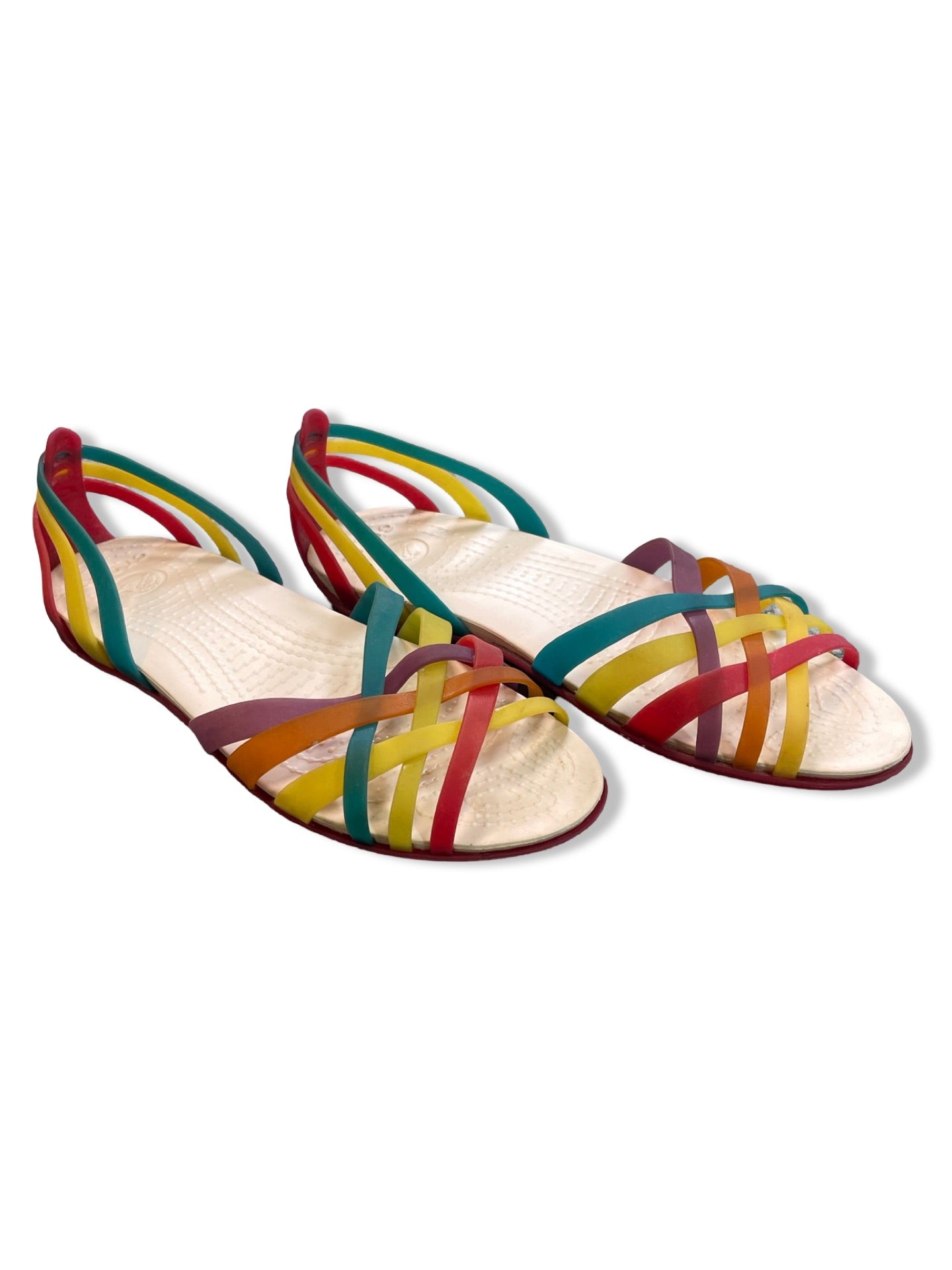 Womans Croc sandle rainbow strap size 8 - Scroll through thrift