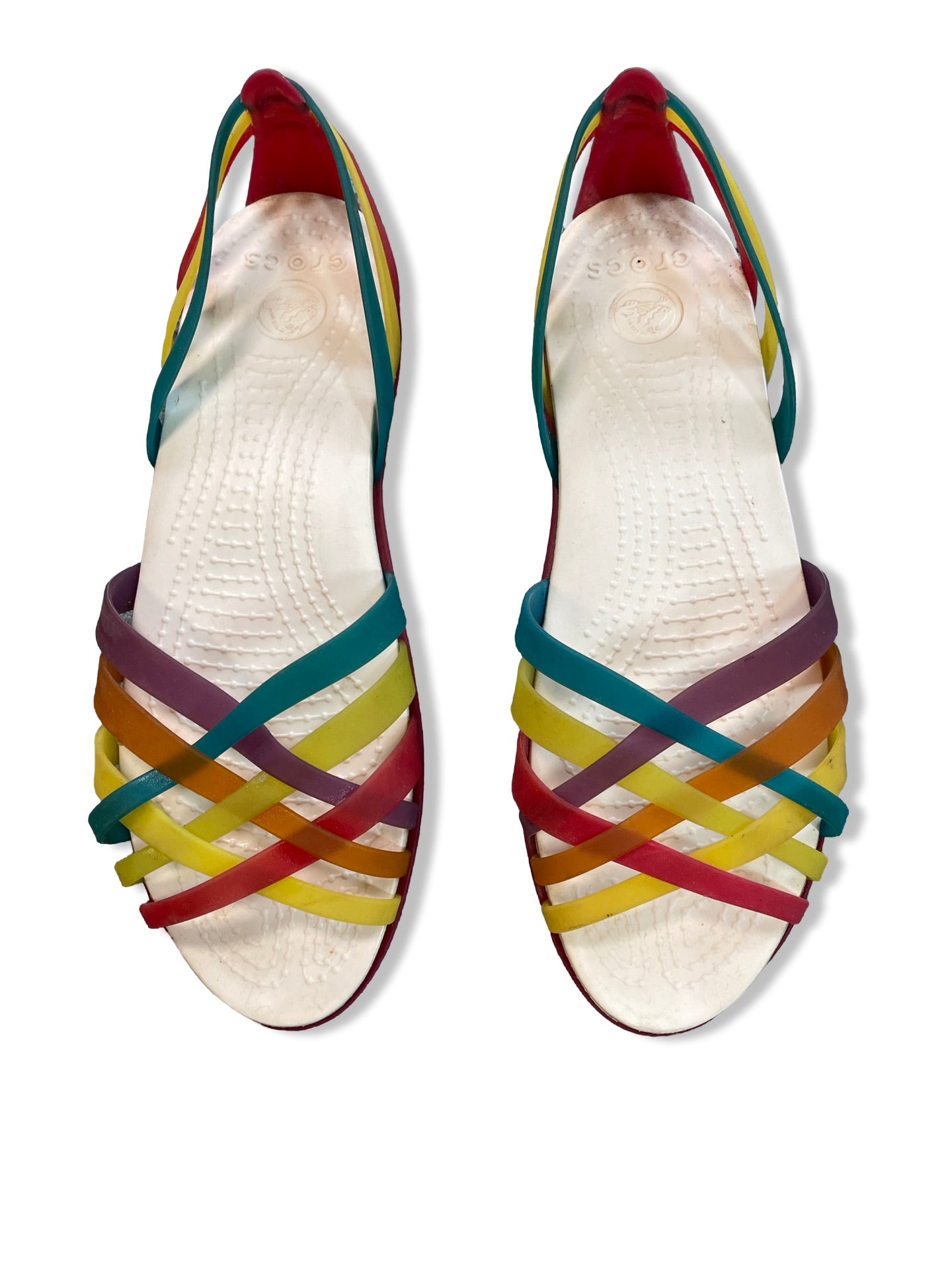 Womans Croc sandle rainbow strap size 8 - Scroll through thrift