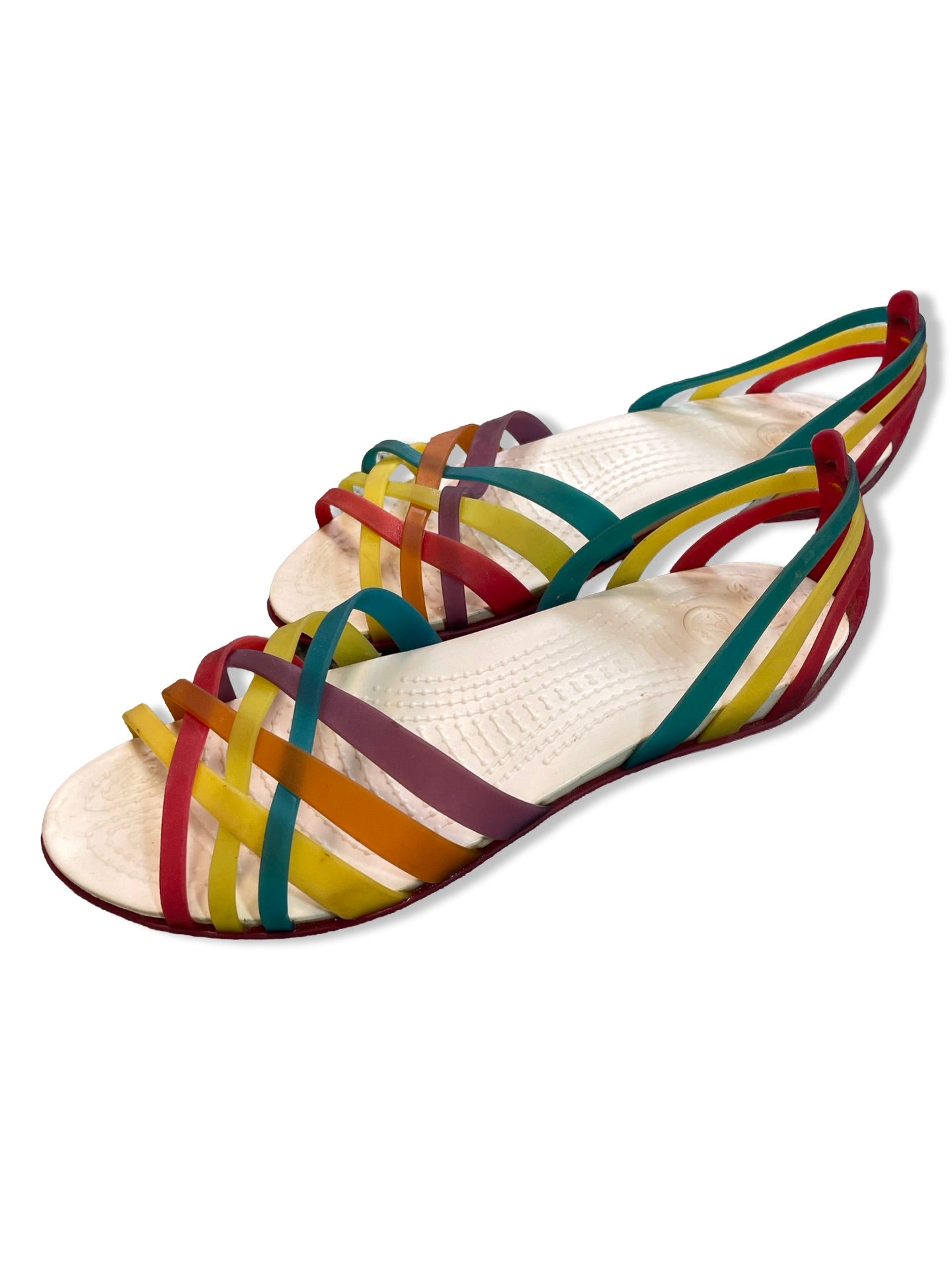 Womans Croc sandle rainbow strap size 8 - Scroll through thrift